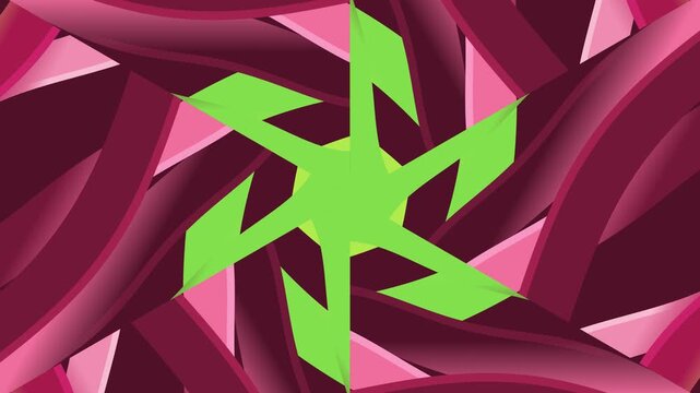 Vibrant abstract motion graphics with neon green shapes on maroon background swirling in a dynamic 3D-like pattern.