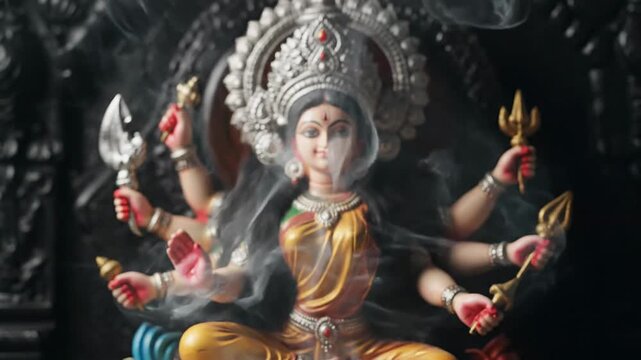 Durga Goddess Idol with Incense Smoke Spiritual Ritual