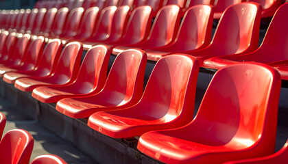 Rows of empty red plastic stadium seats in a sports arena.
