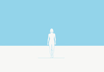 Obraz premium Minimalist Scene Depicts Female Silhouette Standing Center Against Horizon With Bright Blue Sky Above White Ground Landscape