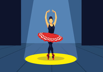 Graceful female performer in a red tutu and ballet slippers exhibits elegance on a brightly lit stage with dramatic spotlighting during a theatrical © Jonmart