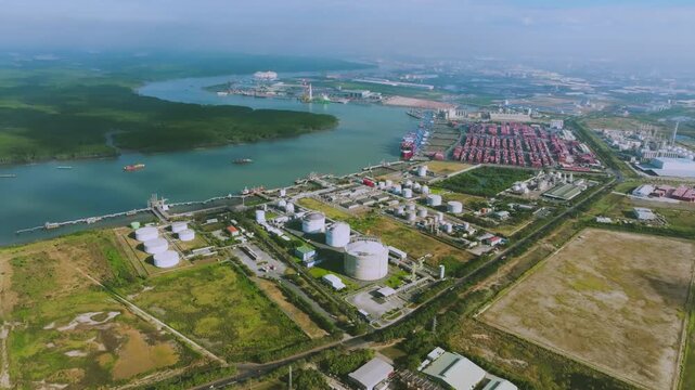 Aerial View of Petrochemical Storage Tank Farm. large industrial facility featuring spherical and cylindrical storage tanks for oil, gas, and chemicals. Located in the Cai Mep industrial zone, Vietnam
