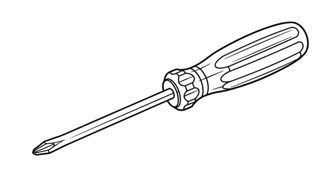 Black and white line drawing of a Phillips screwdriver with a textured handle and pointed tip. The illustration is simple, conveying utility and precision.