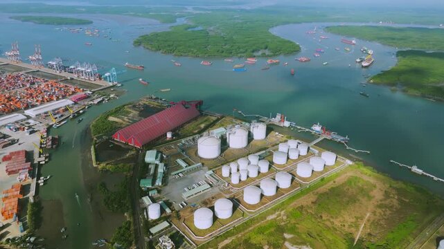 Aerial View of Petrochemical Storage Tank Farm. large industrial facility featuring spherical and cylindrical storage tanks for oil, gas, and chemicals. Located in the Cai Mep industrial zone, Vietnam