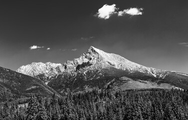 Obraz premium Snow covered mountain landscape with alpine peaks, rocky cliffs and pine trees under a dramatic winter sky. Scenic panoramic view of pristine nature with fresh snow, cold light and peaceful wilderness