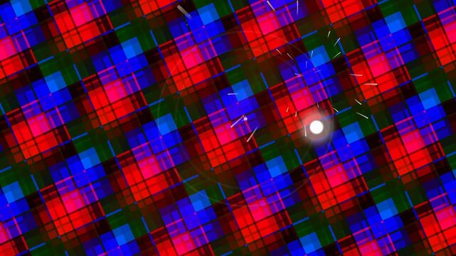 Vibrant tartan pattern with moire effect, abstract colorful design, dynamic visual texture, swirling red blue and green hues, intricate detailed background