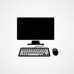 Fototapeta premium Vector illustration of a black flat screen computer monitor with a keyboard and mouse on an office desk workstation representing modern technology and business network hardware