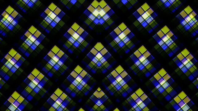 A vibrant plaid pattern in shades of blue, green, and yellow on a black background, creating a dynamic and eye-catching visual effect in a seamless repeat