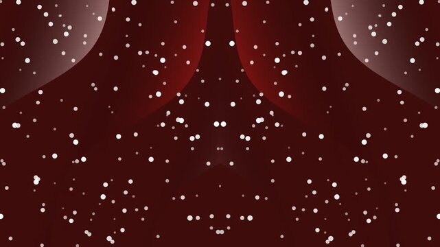 Snowflakes falling around abstract shapes in a dark red background from a straight-on viewpoint
