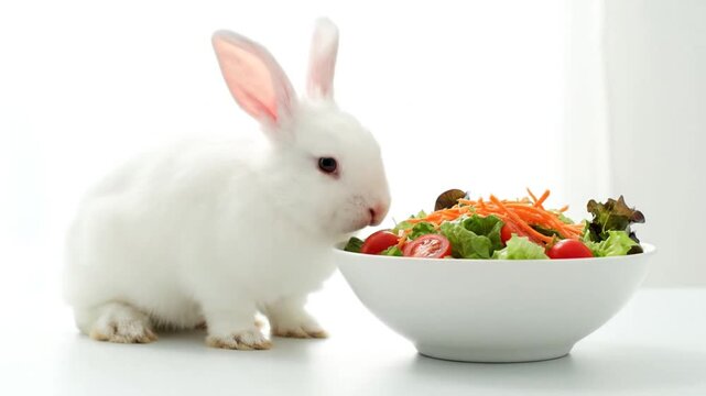A white rabbit eating a fresh salad from a bowl on a table in a bright environment from a side view