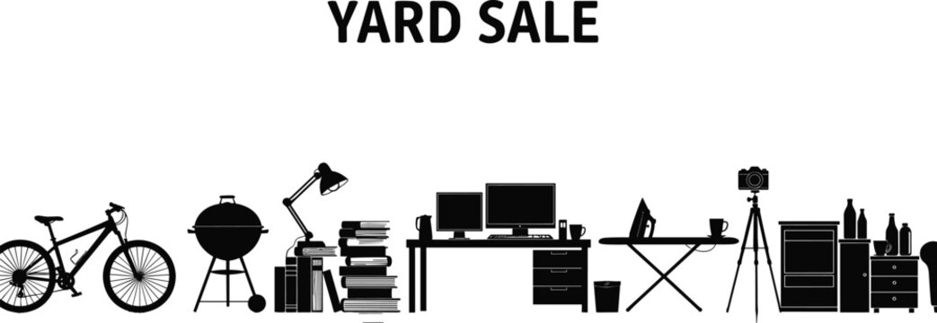 Yard sale banner illustration, garage sale items silhouettes including bicycle furniture electronics and household goods collection