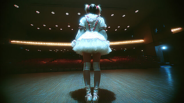 A solitary figure standing on a stage, evoking mystery and anticipation