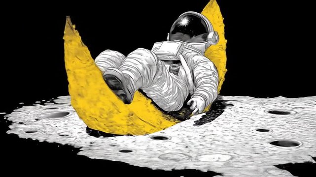 Astronaut relaxing on a golden crescent moon over a cratered lunar surface