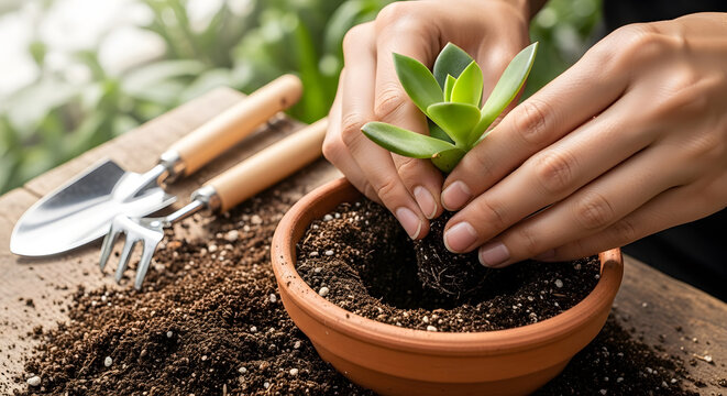 Hands planting small succulent in terracotta pot with gardening tools nearby