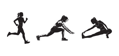 Obraz premium Silhouette of a woman in three different running and stretching poses