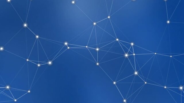Network connections and data transfer visualized through glowing dots and lines on a blue background