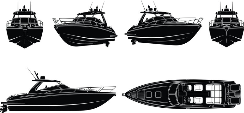 Luxury yacht vector silhouette set, black and white motorboat from front side and top views isolated