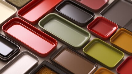 Fototapeta premium Various trays arranged in a colorful display on a flat surface during daylight