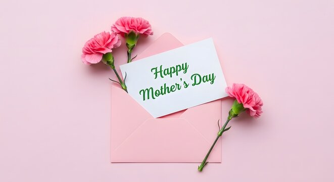 Happy Mother's Day greeting card with pink flowers and envelope