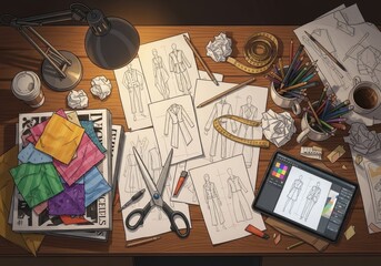 Fashion designer workspace with sketches, fabric swatches, and digital tablet for garment creation. Creative design process and artistry.