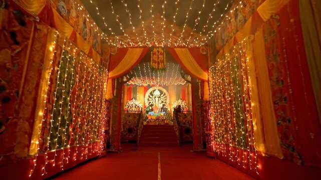 Durga Puja Festival Pandal Decoration with String Lights and Idol