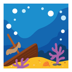Naklejka premium Underwater sea background. Flat ocean floor with sunken ship and seaweeds. Sea bottom landscape