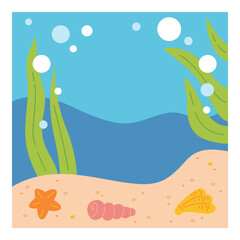 Underwater sea background. Flat ocean floor with seaweeds and shells. Sea bottom landscape © ksenyasavva