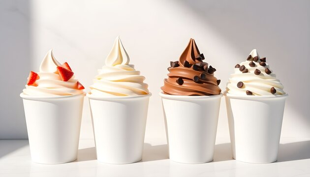 Four white cups of assorted ice creams with toppings on a white surface