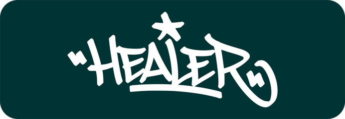 Professional graffiti HEALER tag lettering. Urban street art hand style for wellness centers and creative merchandise. Isolated black and white script for professional design. © dirtyfellas