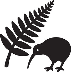 Simple solid style. Leaf, logo, nz, kiwi, maori, silhouette, bird, sign, new zealand symbol concept design. Fern glyph icon silhouette vector illustration © Silhouette Vector