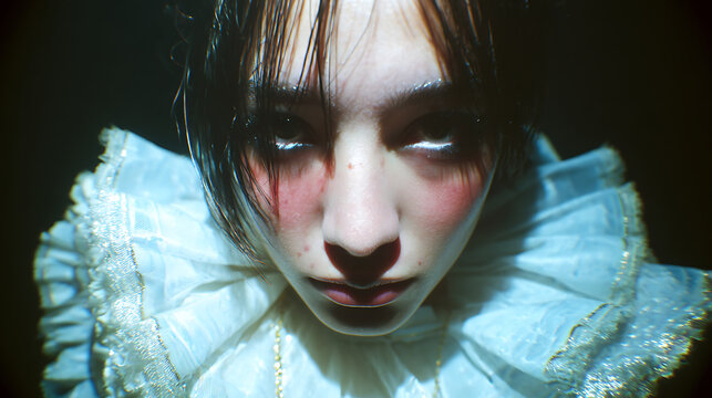 An alluring young woman with striking features and a vintage collar stares intensely into the camera. She has unique makeup with emphasis on eyes.