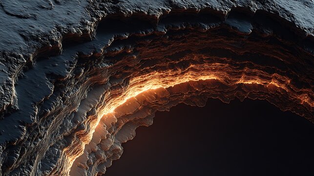 Half-sliced planet exposing geological strata, molten core radiating light, earthy surface with deep subsurface details, 
