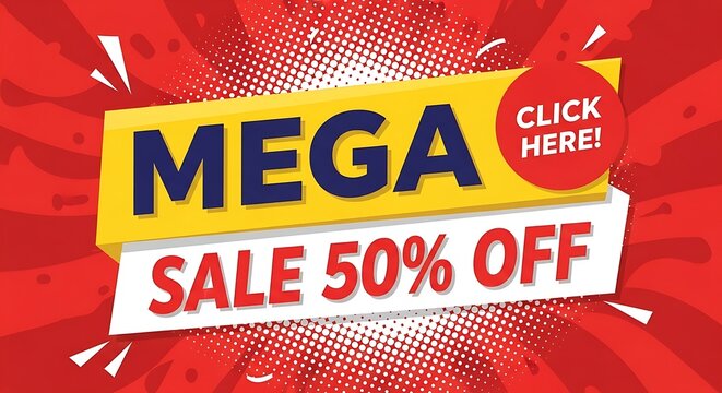 Vibrant Sale Banner with Mega Discount Offer and Click Here Button on Red Background with Dynamic Patterns