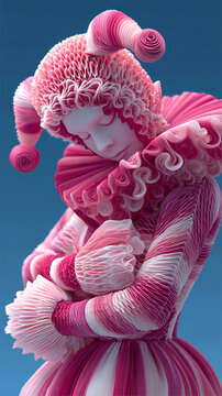 A harlequin in intricate attire, posed with closed eyes. This artistic portrayal exudes a sense of tranquility and whimsy.