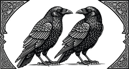 Fototapeta premium Black and white hand drawn vector illustration of two crows with detailed feathers and ornate celtic knots for gothic mythology nature and bird branding,