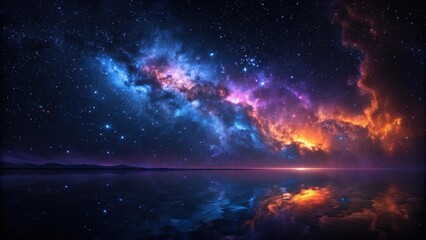 Obraz premium Vibrant nebula reflecting in a calm cosmic ocean under a starry sky