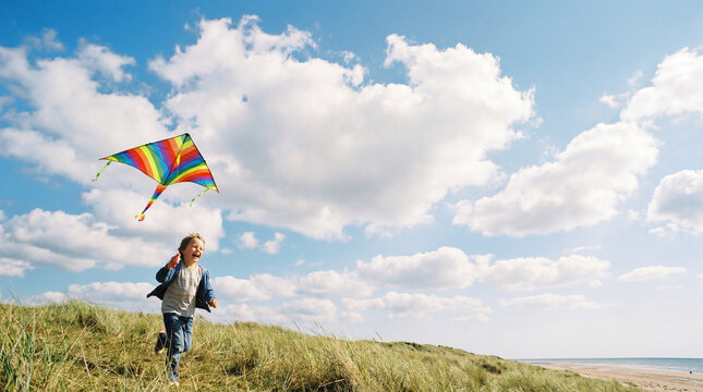 Cheerful child running on grassy dunes flying colorful kite under blue sky with fluffy clouds, joyful outdoor summer play