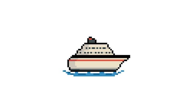 8bit Pixel Art Cruise Ship Looping Animation on White Background &ndash; Retro Ocean Liner Sprite