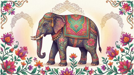 Traditional Indian Mughal Peacock Elephant with Decorative Saddle Art on White Background