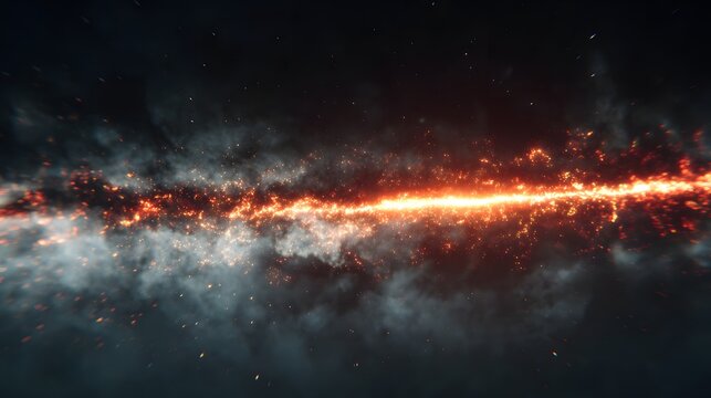 Bright orange and yellow flames burning intensely with sparks and embers surrounding a long horizontal fire line in a dark environment with fire particles and smoke clouds.