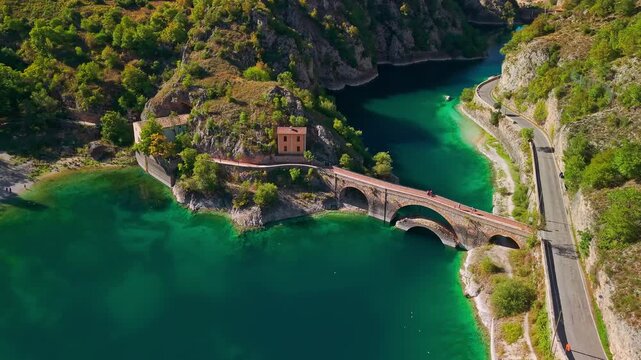 Aerial view of Lago di San Domenico and Eremo in Abruzzo, Italy