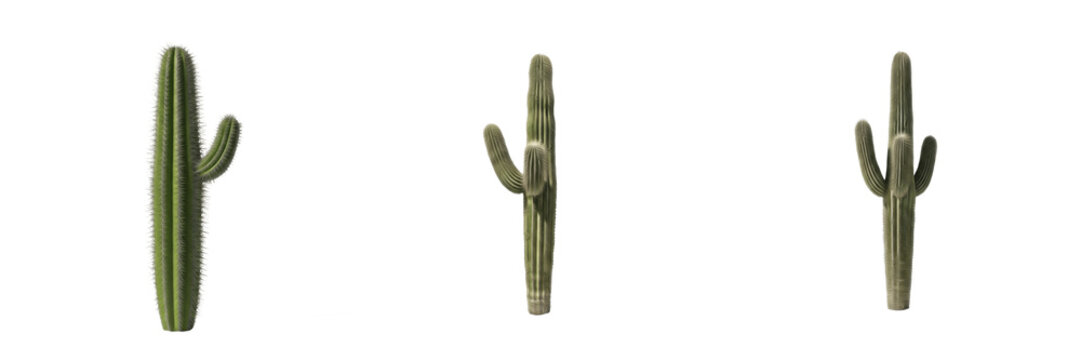 Set of Tall Saguaro Cacti Isolated on White Background for Desert Landscape and Western Design