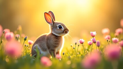 Cute brown bunny sitting in field of pink flowers at sunset
