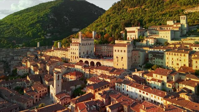 Aerial view of historic Gubbio town at sunset in Umbria, Italy