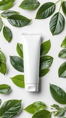 Eco-Friendly Tube Mockup Green Leaves White Wood Background Copy Space