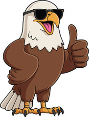 Naklejka premium Cool cartoon bald eagle mascot wearing black sunglasses and giving a thumbs up gesture for American patriotism sports team branding and national holiday celebration,