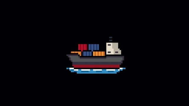 8bit Pixel Art Cargo Ship Looping Animation with Transparent Background &ndash; Retro Container Vessel