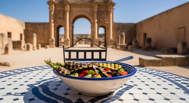 Tunisian Mechouia salad on mosaic table in sunlit courtyard with ancient Roman archway