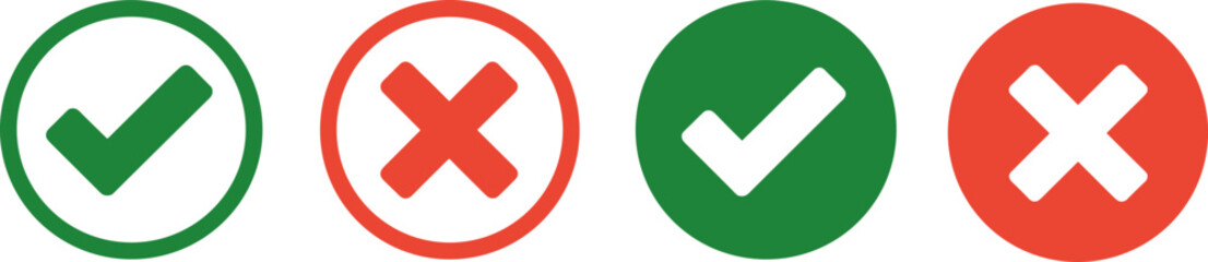 Obraz premium Green Check Mark and Red Cross Icon Set in Circle Frames for Checklist Validation Correct Wrong Choice Survey Voting Results and Interface Navigation Web Design (25 words)
