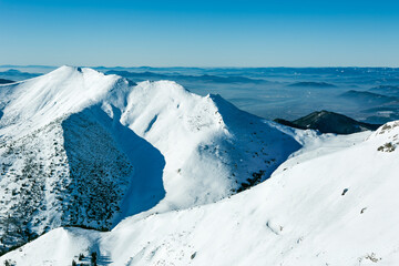 Snow covered mountain landscape with alpine peaks, rocky cliffs and pine trees under a dramatic winter sky. Scenic panoramic view of pristine nature with fresh snow, cold light and peaceful wilderness